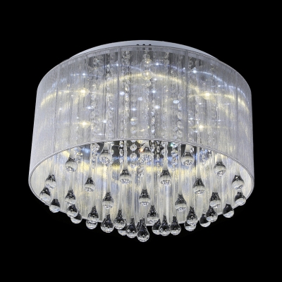 Antique Style Drum Ceiling Light with Clear Crystal 4/6 Lights White Fabric Flushmount Lighting for Living Room