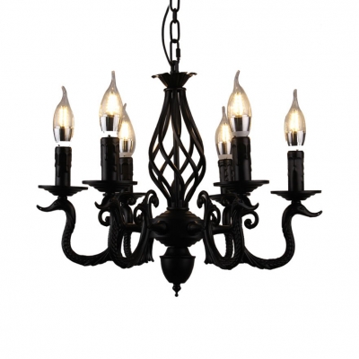 Candle Chandelier Lighting with Curved Arm 5/6 Lights Classic Style Metal Hanging Lamp in Black