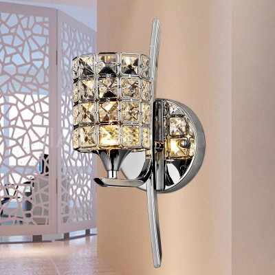 Contemporary Style Cylindrical Wall Light Fixture Clear Crystal One-Light Sconce Lighting for House