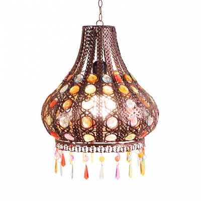 Dinging Room Curved Hanging Light Metal Rustic Pendant Lamp with Multi Color Crystal