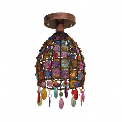 Dome/Globe Ceiling Flush Light with Colorful Crystal Beads 1 Light Vintage Semi Flush Mount in Rust