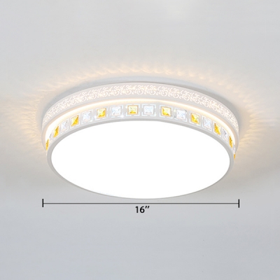 Drum LED Flush Mount Light with Clear Crystal Decoration Acrylic Modern Ceiling Lamp in White for Bedroom
