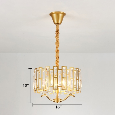 Drum Living Room Hanging Chandelier Clear Crystal 3/4/6/8 Lights Vintage Pendant Lighting with Cord in Gold