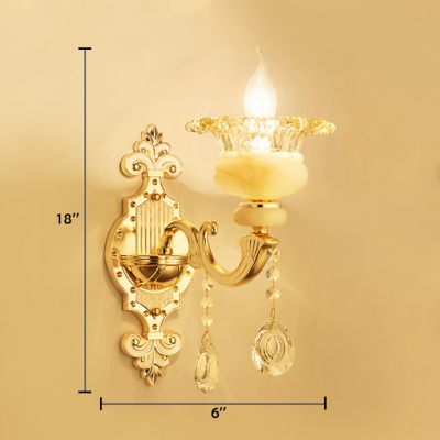 Indoor Floral Wall Lighting Fixture Glass and Jade 1/2 Lights Vintage Style Sconce Light with Clear Crystal