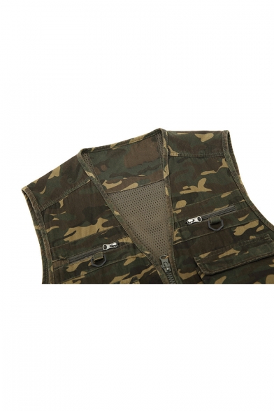 Military Style Classic Camo Printed V-Neck Zip Closure Multi-Pocket Outdoor Army Green PhotoGraphy Vest