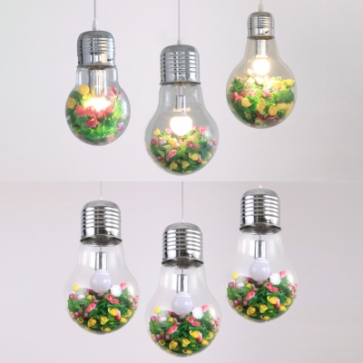 Rustic LED Suspension Pendant with Flower Decoration 1 Light Clear Glass Ceiling Lamp with 39