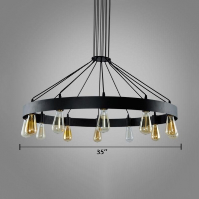 Rustic Round Chandelier Light 8/12 Lights Metal Hanging Pendant with Cord in Black