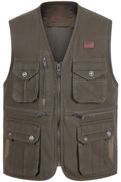 Spring New Stylish V-Neck Multi Pocket Zip Closure Utility Cotton Fishing Photography Vest
