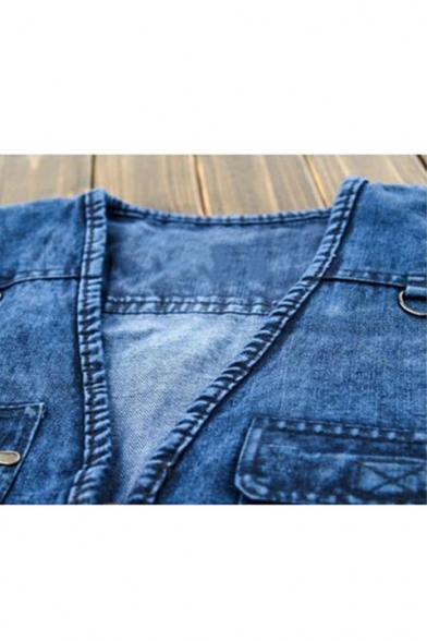 Trendy Cool Snow Washed V-Neck Zip Closure Multi-Pocket Blue Denim Vest for Men