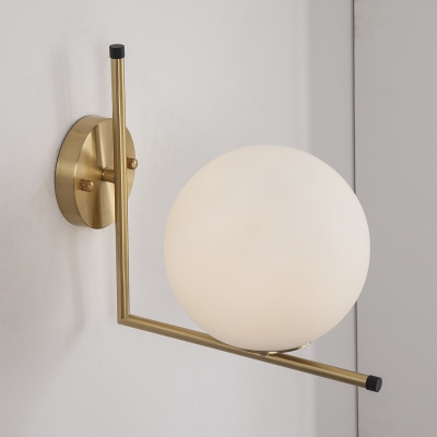 White Glass Globe Wall Light 1-Light Nordic Style Wall Mount Light in Brass for Living Room