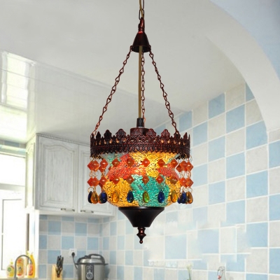 Antique Drum Hanging Lamp with Multi Color Crystal 1/3 Lights Metal Pendant Light in Rust