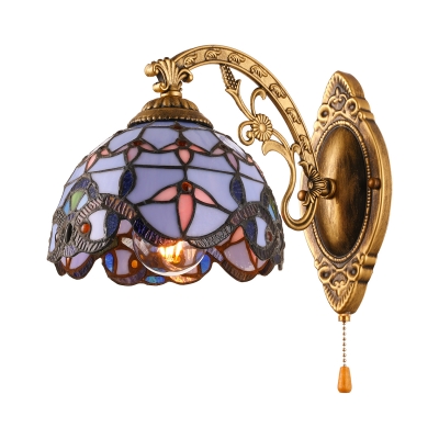 Baroque Blue Stained Glass Tiffany Sconce in Aged Brass with Pull Chain for Restaurant Stairs Bedside