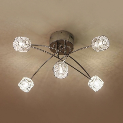 Clear Crystal Ceiling Lamp With Drum Shade 5 Lights Contemporary Semi