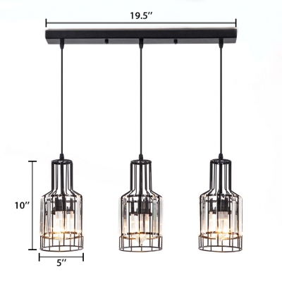 Dining Room Lighting Modern, 3 Lights Height Adjustable Clear Crystal Pendant Lighting with Hanging Cord in Black