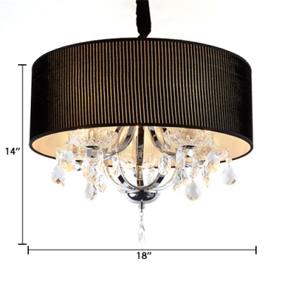 Drum Living Room Pendant Lighting with Adjustable Cord and Clear Crystal Decoration 4 Lights Modern Chandelier in Beige/Silver/Black