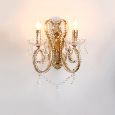 Hallway Candle Wall Mounted Light Metal Antique Style Aged Brass Sconce Lighting with Clear Crystal