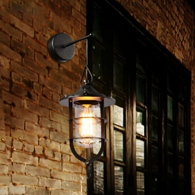 Industrial Caged Sconce Light Single Light Metal Hanging Wall Sconce in Black for Front Door