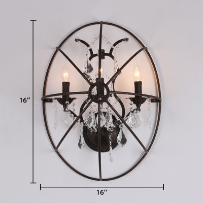 Metal Candle Sconce Lighting 3-Light Antique Style Wall Light Fixture in Black with Clear Crystal Decoration