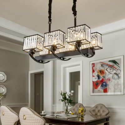 Rectangle Hanging Pendant with Clear Crystal Shade 6/8 Lights Modern Chandelier in Black for Living Room