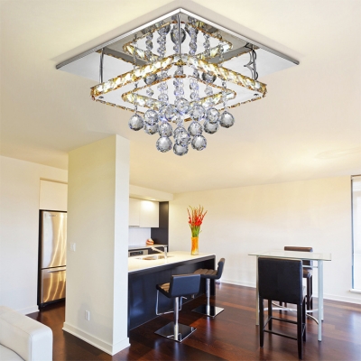 Square LED Semi Flush Mount Light Bedroom Modern Ceiling Fixture with Clear Crystal Ball in Chrome