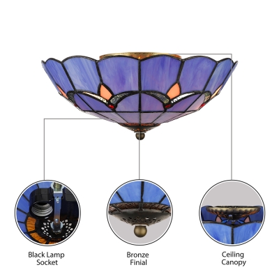 Stained Glass Tiffany Bowl Flush Ceiling Light in Blue for Kitchen Bedroom Living Room