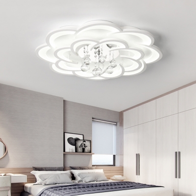 White Flower Flush Ceiling Light with Clear Crystal Modern Acrylic LED Ceiling Fixture for Dining Room