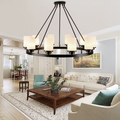 10 Lights Ring Hanging Light with Cylinder Shade Traditional Style Metal Chandelier in Black