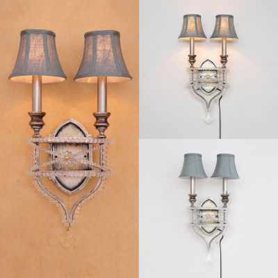 2 Lights Tapered Shade Light Fixture with Crystal Antique Style Metal Wall Lamp in Aged Silver/Gold for Hotel