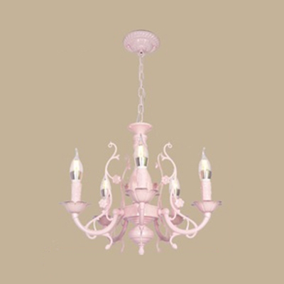 3/5/6 Lights Candle Chandelier Traditional Metal Hanging Light with Flower in Blue/Pink for Hotel