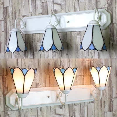 3 Lights Conical Wall Light Tiffany Style Glass Sconce Light in White for Bedroom Living Room