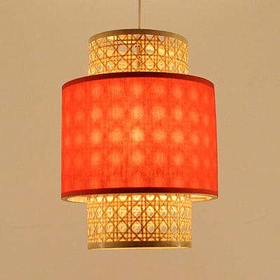 Single Light Cylinder Shape Pendant Lighting Rustic Rattan Pendant Ceiling Light in White/Red