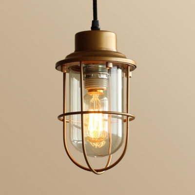 Balcony Living Room Caged Ceiling Light Metal and Glass Single Light Industrial Gold Pendant Light