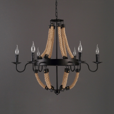 Black Candle Shape Chandelier Light 6/8 Lights Industrial Metal and Rope Hanging Light for Living Room