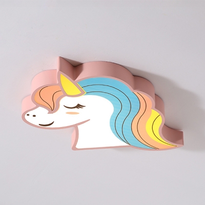 Child Bedroom Flush Mount Light White Lighting/Stepless Dimming Unicorn Shape Ceiling Light in Pink/Blue