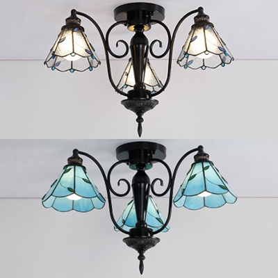 Cone Dining Room Ceiling Lamp Glass 3 Lights Rustic Style Blue/Clear Semi Flush Mount Light