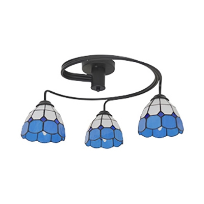 Cone Living Room Semi Flush Ceiling Light Stained Glass 3 Lights Tiffany Style Ceiling Lamp in Blue/Pink/Yellow