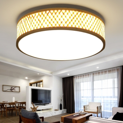 Contemporary Drum Shape Ceiling Light Wood and Acrylic Flush Ceiling Light for Dining Room