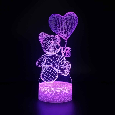 Cute Teddy Bear LED Illusion Light Girl Bedroom 7 Color Changing 3D Night Light with Touch Sensor