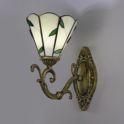 Hand Made White/Beige Shade Wall Light Antique Style Metal and Glass Sconce Light for Bedroom Bathroom