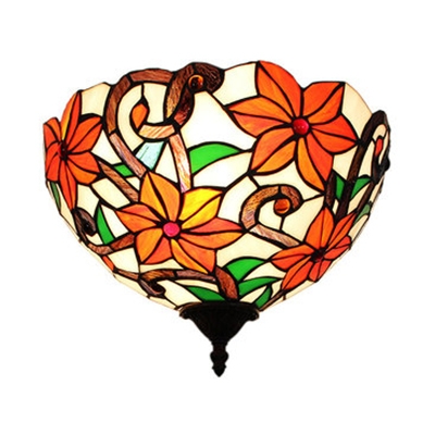 Red Flower Pattern Sconce Wall Lamp 1 Light Stain Glass Tiffany Style Rustic Sconce Light for Bedroom