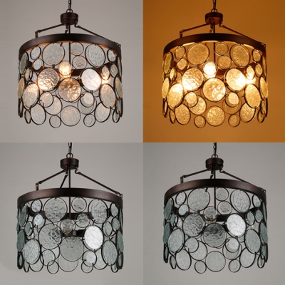 Metal and Glass Drum Chandelier 4 Lights Vintage Style Hanging Lamp for Dining Room Restaurant