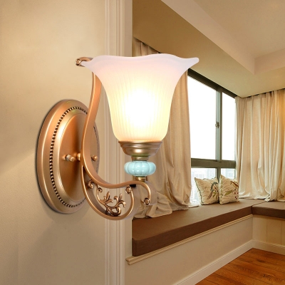Metal Frosted Glass Wall Sconce with Flower Shade 1/2 Lights Elegant Style Wall Light for Bedroom Hotel