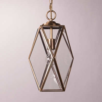 Metal Glass Polyhedron Ceiling Light 1 Light Vintage Style Hanging Light in Gold for Bathroom Hotel