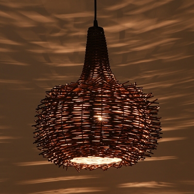 Rustic Style Oval Ceiling Light 1 Light Rattan Pendant Lighting Fixture in Brown