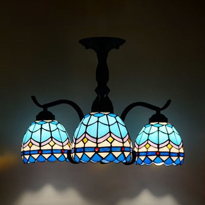 Stained Glass Semi Flush Light 3 Lights Leaf/Blue/Baroque/Rose Tiffany Style Ceiling Lamp for Study