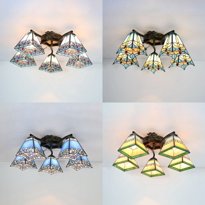 Tapered Foyer Semi Flush Mount Light Stained Glass 5 Lights Rustic