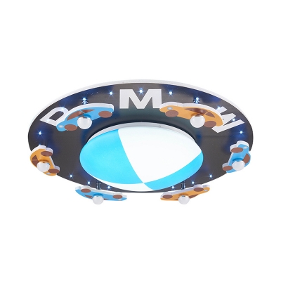 Blue Round Ceiling Mount Light Boy Girl Bedroom Creative Car Pattern Flush Mount Light