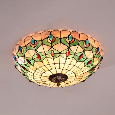 Tiffany Style Flush Mount Light Peacock Tail Stained Glass Ceiling