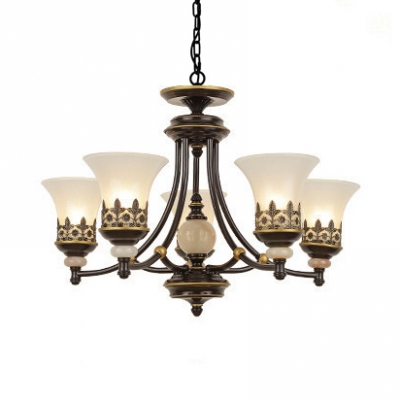 Traditional Bell Shade Pendant Light 3/5/6/8 Lights Metal Frosted Glass Chandelier for Bedroom Hotel