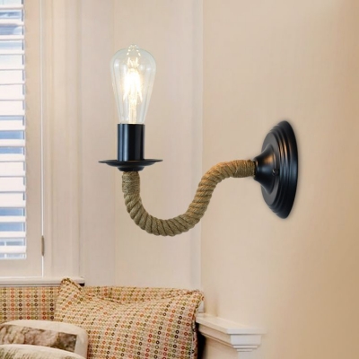 Traditional Open Bulb Sconce Light 1 Light Metal and Rope Wall Light in Black for Hallway Living Room